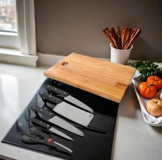 ASTIKAYA Stainless Steel Kitchen 5-Pcs Knife Set with Wooden Chopping Board & Scissor Vegetable & Meat Cutting (Set of 5 + 1 Chopper Board)