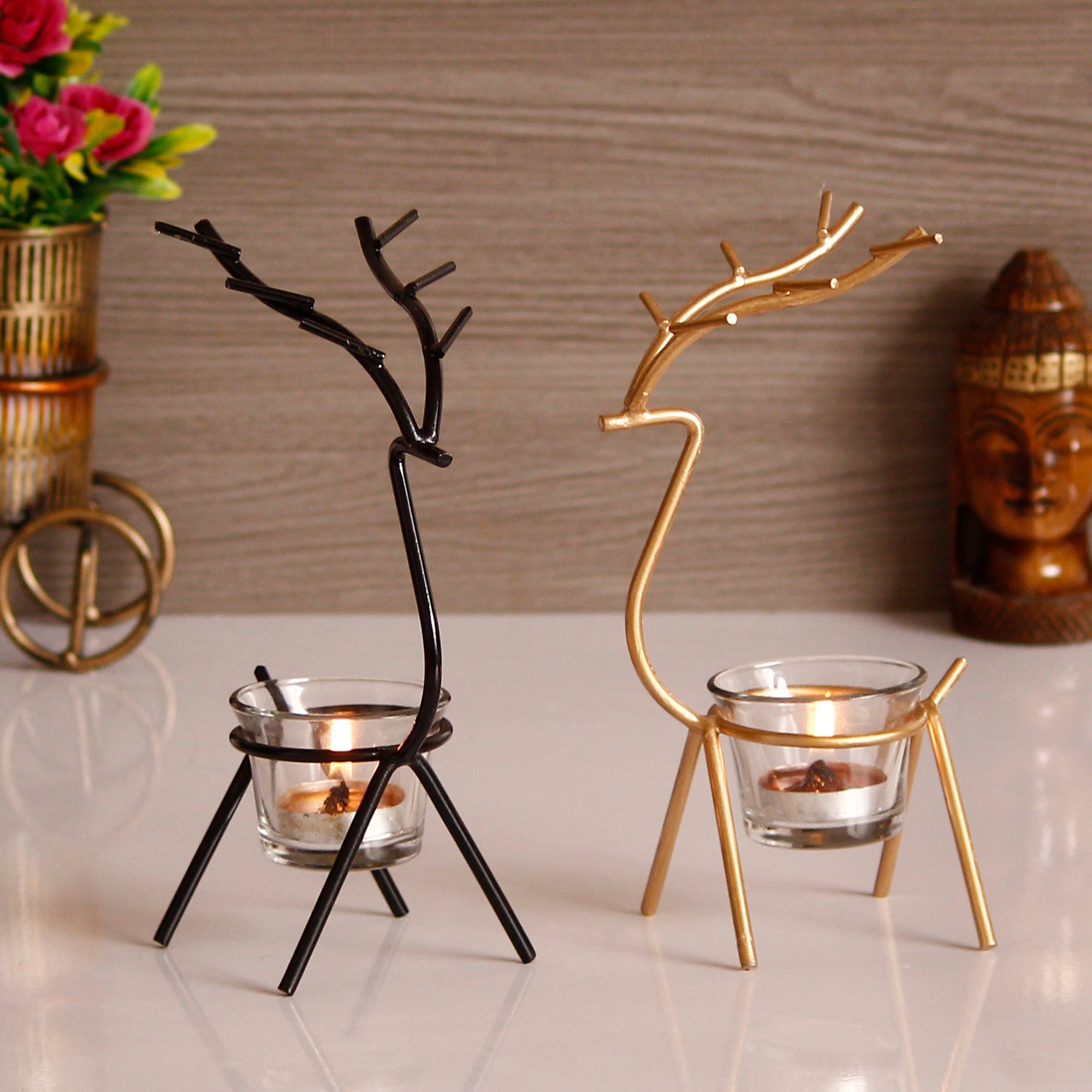 eCraftIndia Set of 2 Black Golden Metal Deer Shape Decorative Tea Light Candle Holders- T Light Candle Holders- Tea Light Holders Diwali Decoration Items for Home Decor Gift for Diwali Housewarming