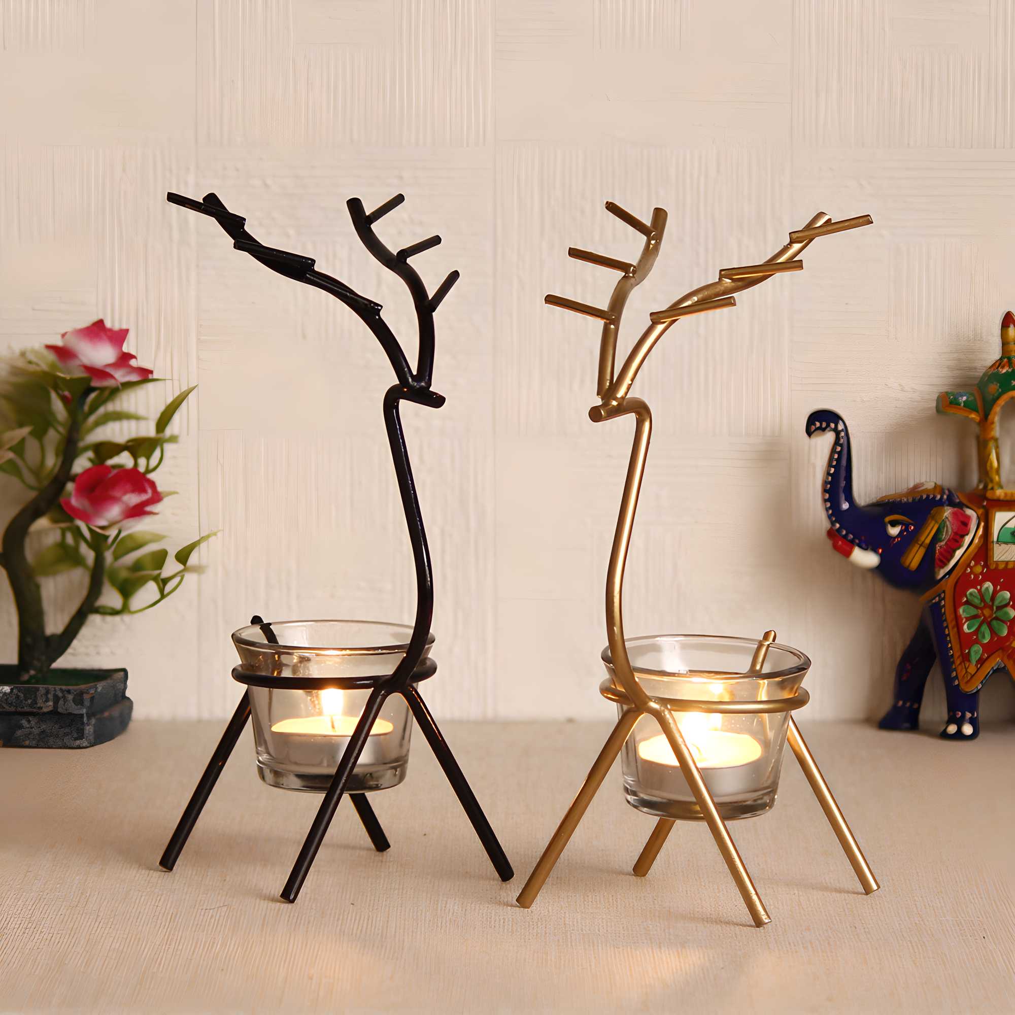 eCraftIndia Set of 2 Black Golden Metal Deer Shape Decorative Tea Light Candle Holders- T Light Candle Holders- Tea Light Holders Diwali Decoration Items for Home Decor Gift for Diwali Housewarming