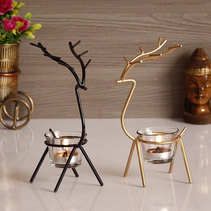 eCraftIndia Set of 2 Black Golden Metal Deer Shape Decorative Tea Light Candle Holders- T Light Candle Holders- Tea Light Holders Diwali Decoration Items for Home Decor Gift for Diwali Housewarming