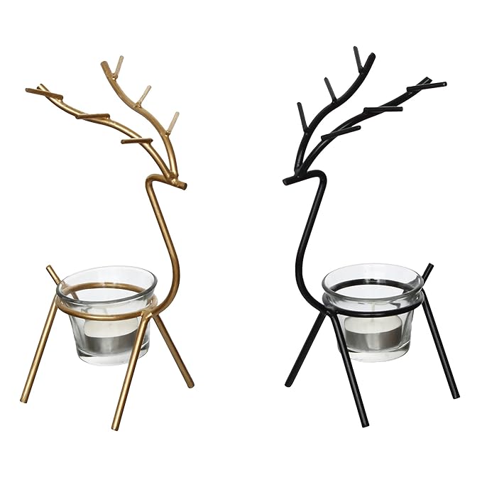 eCraftIndia Set of 2 Black Golden Metal Deer Shape Decorative Tea Light Candle Holders- T Light Candle Holders- Tea Light Holders Diwali Decoration Items for Home Decor Gift for Diwali Housewarming