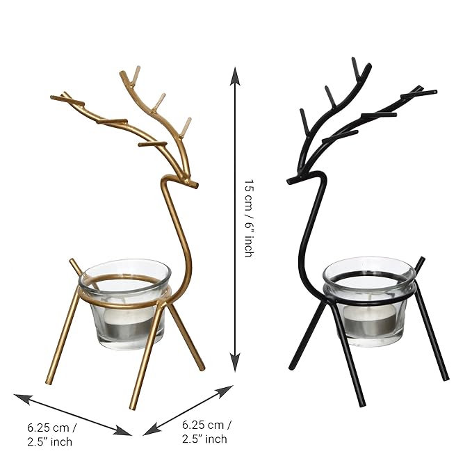 eCraftIndia Set of 2 Black Golden Metal Deer Shape Decorative Tea Light Candle Holders- T Light Candle Holders- Tea Light Holders Diwali Decoration Items for Home Decor Gift for Diwali Housewarming