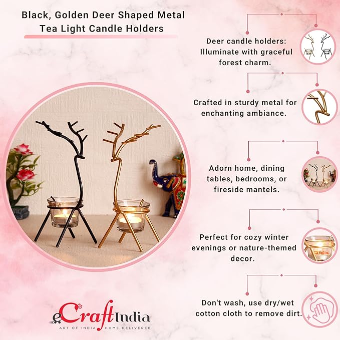 eCraftIndia Set of 2 Black Golden Metal Deer Shape Decorative Tea Light Candle Holders- T Light Candle Holders- Tea Light Holders Diwali Decoration Items for Home Decor Gift for Diwali Housewarming