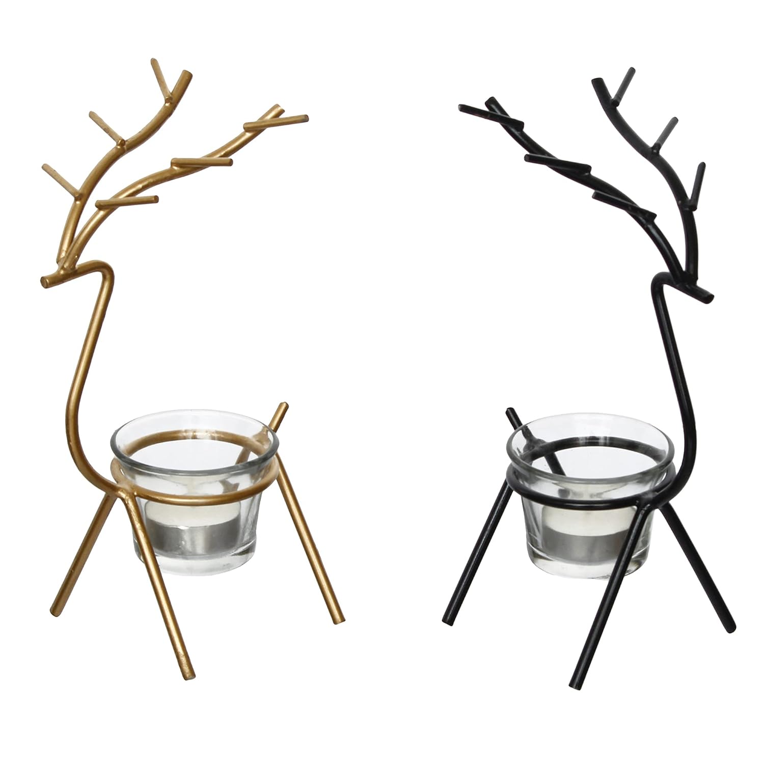 eCraftIndia Set of 2 Black Golden Metal Deer Shape Decorative Tea Light Candle Holders- T Light Candle Holders- Tea Light Holders Diwali Decoration Items for Home Decor Gift for Diwali Housewarming