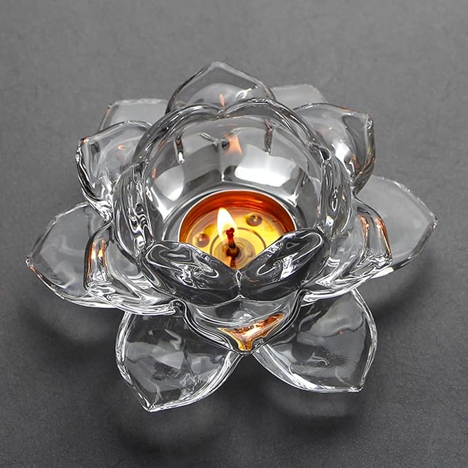 Glass Lotus Flower Tea Light Candle Holder Set