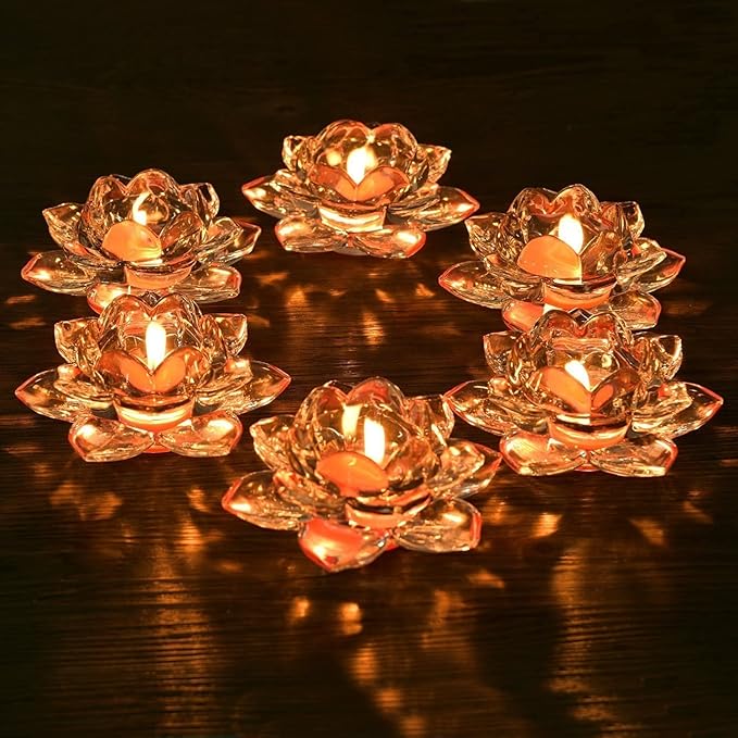 Glass Lotus Flower Tea Light Candle Holder Set