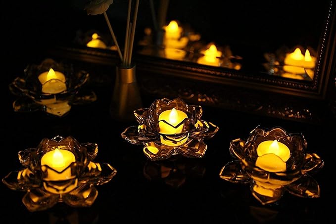 Glass Lotus Flower Tea Light Candle Holder Set