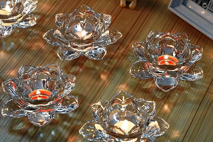 Glass Lotus Flower Tea Light Candle Holder Set