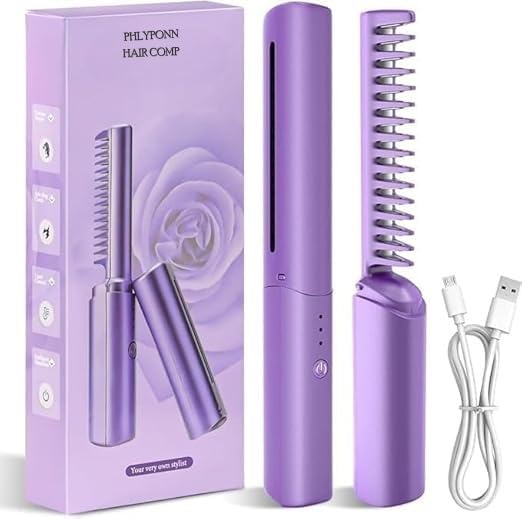 PHLYPONN Rechargeable Wireless Hair Straightener Comb Brush for women | 3 Gear Control - Intelligent Shutdown, Hair Styler & Straightener Machine(Pink,Purple)