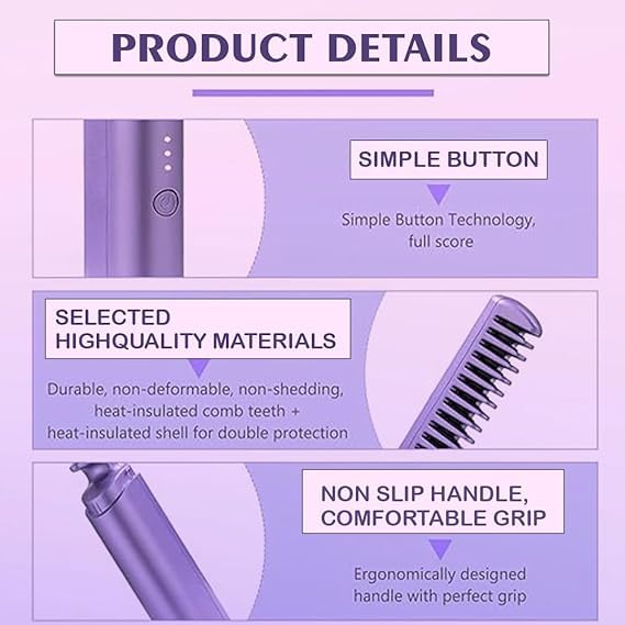 PHLYPONN Rechargeable Wireless Hair Straightener Comb Brush for women | 3 Gear Control - Intelligent Shutdown, Hair Styler & Straightener Machine(Pink,Purple)