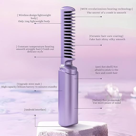 PHLYPONN Rechargeable Wireless Hair Straightener Comb Brush for women | 3 Gear Control - Intelligent Shutdown, Hair Styler & Straightener Machine(Pink,Purple)