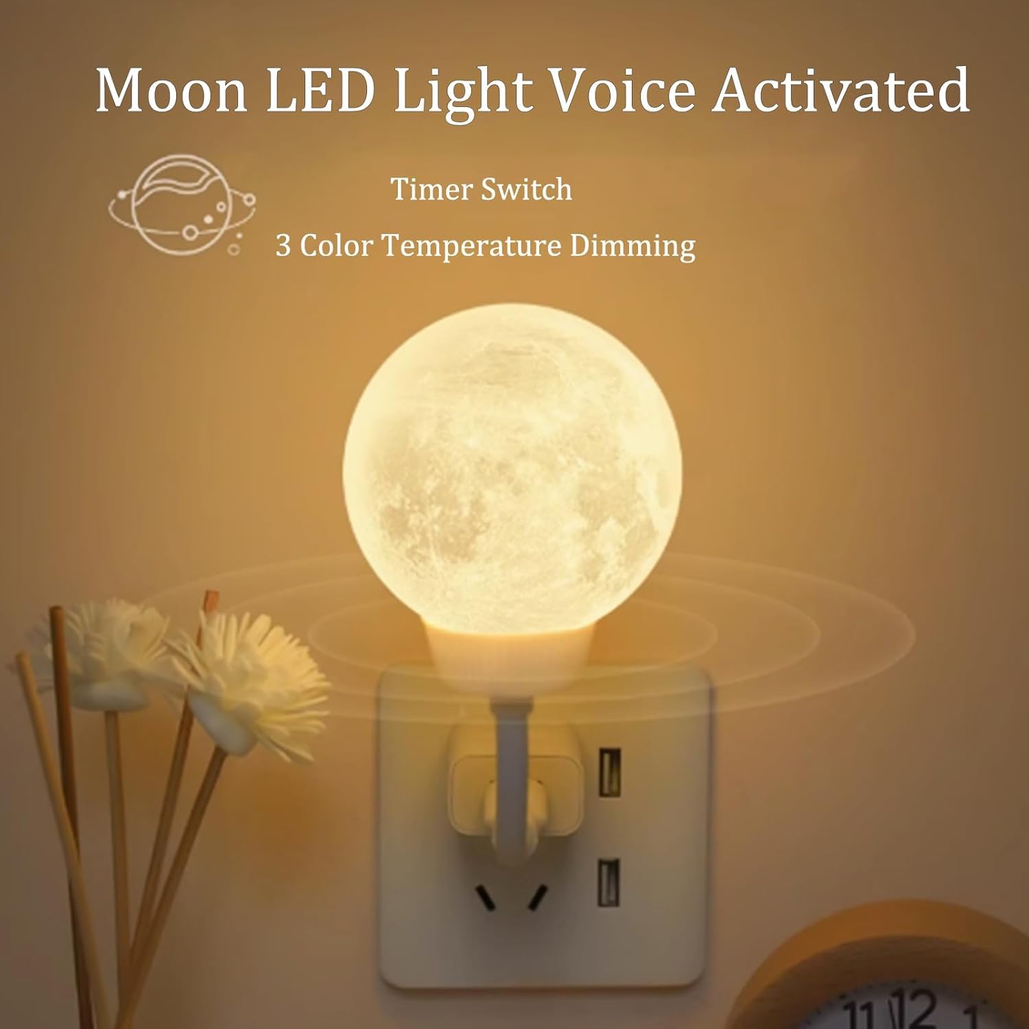 CRIYALE Moon Night Light Plug-in Moon Night Lamp Voice-Activated USB LED Lights with 3 Color Temperature Dimming for Kids Bedroom Bathroom Decorations Birthday Gifts
