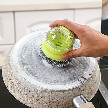 SWENLISH Dish Brush with Soap Dispenser – Kitchen Cleaning Brush with Steel Ball Scrubber & Replaceable Head – for Washing Utensils, Pots, Pans & Sink – Ergonomic Handle (Multicolor,1 PC)