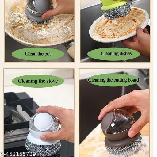 SWENLISH Dish Brush with Soap Dispenser – Kitchen Cleaning Brush with Steel Ball Scrubber & Replaceable Head – for Washing Utensils, Pots, Pans & Sink – Ergonomic Handle (Multicolor,1 PC)