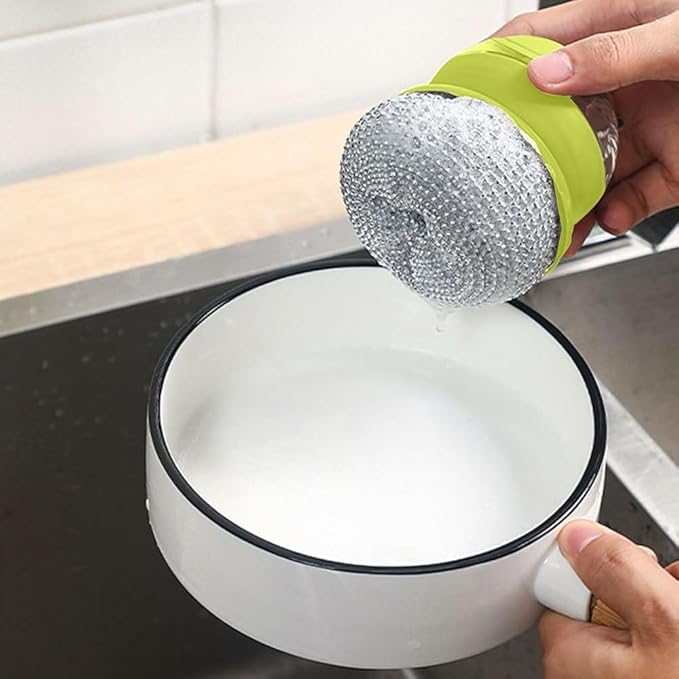 SWENLISH Dish Brush with Soap Dispenser – Kitchen Cleaning Brush with Steel Ball Scrubber & Replaceable Head – for Washing Utensils, Pots, Pans & Sink – Ergonomic Handle (Multicolor,1 PC)