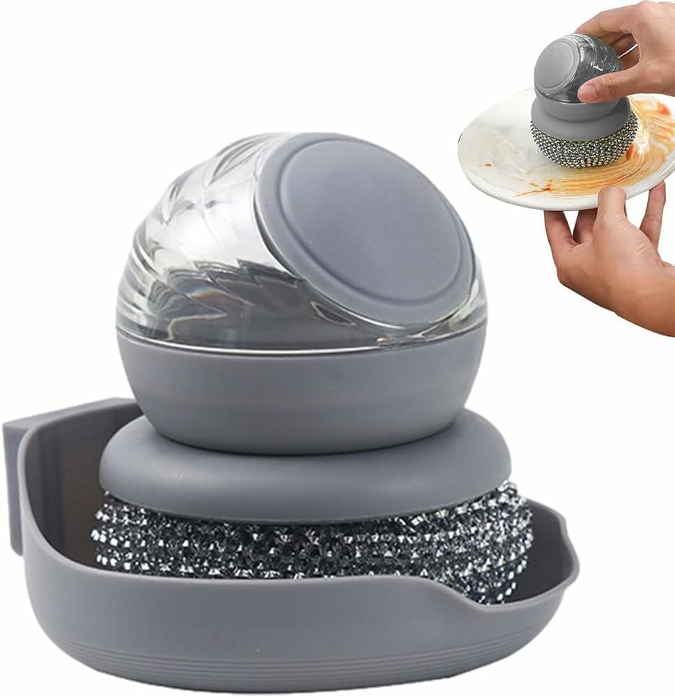 SWENLISH Dish Brush with Soap Dispenser – Kitchen Cleaning Brush with Steel Ball Scrubber & Replaceable Head – for Washing Utensils, Pots, Pans & Sink – Ergonomic Handle (Multicolor,1 PC)