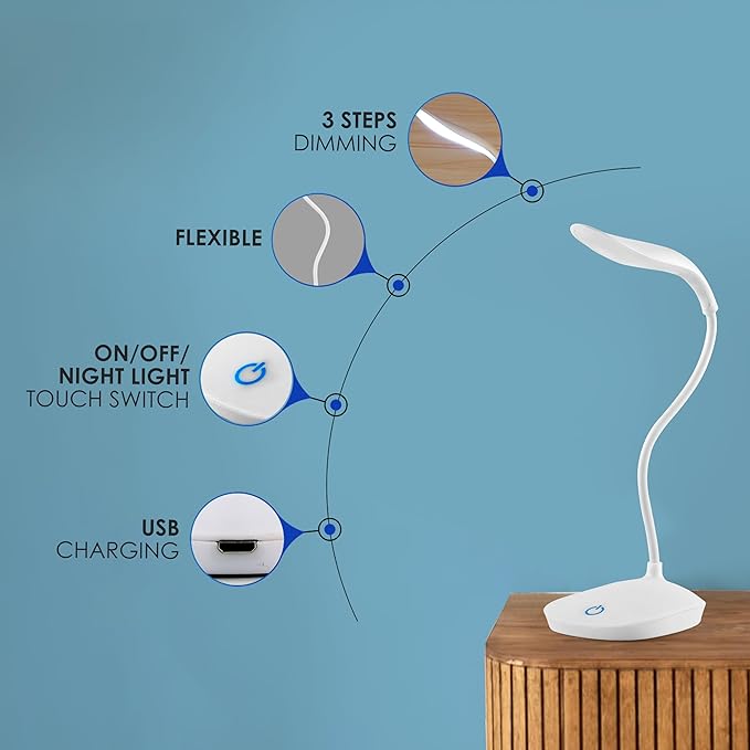 Gesto LED Rechargeable Study Lamp -Table Lamp for Study Room | LED Desk Lamp Light For Study with 3 Brightness Levels | Portable USB Table Light | Study Table Lamp for Students, Reading & Work at Home