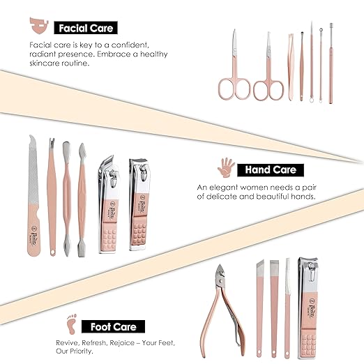 Beauté Secrets Manicure Kit, pedicure tools for feet, Nail Clipper, Manicure Pedicure kit for women and Men, 18 Pieces,Perfect Gifts for Women and Men (Rose Gold)