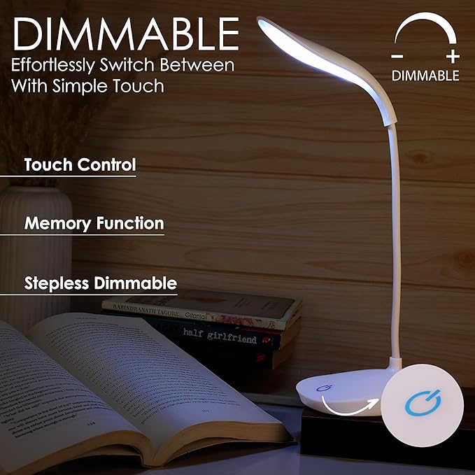 Gesto LED Rechargeable Study Lamp -Table Lamp for Study Room | LED Desk Lamp Light For Study with 3 Brightness Levels | Portable USB Table Light | Study Table Lamp for Students, Reading & Work at Home