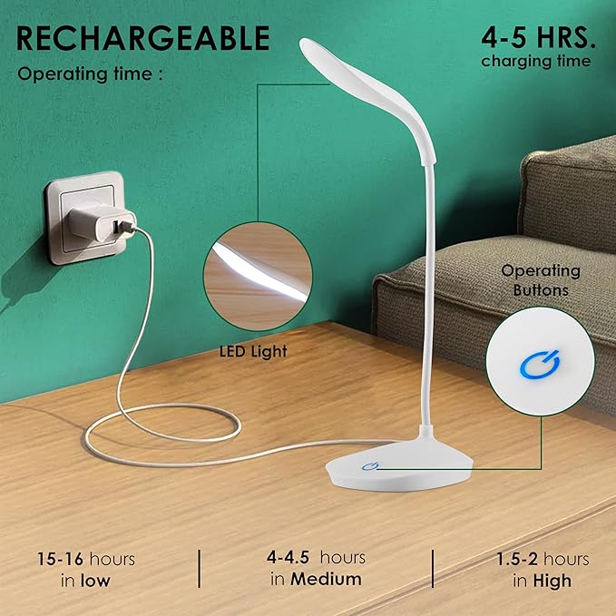 Gesto LED Rechargeable Study Lamp -Table Lamp for Study Room | LED Desk Lamp Light For Study with 3 Brightness Levels | Portable USB Table Light | Study Table Lamp for Students, Reading & Work at Home