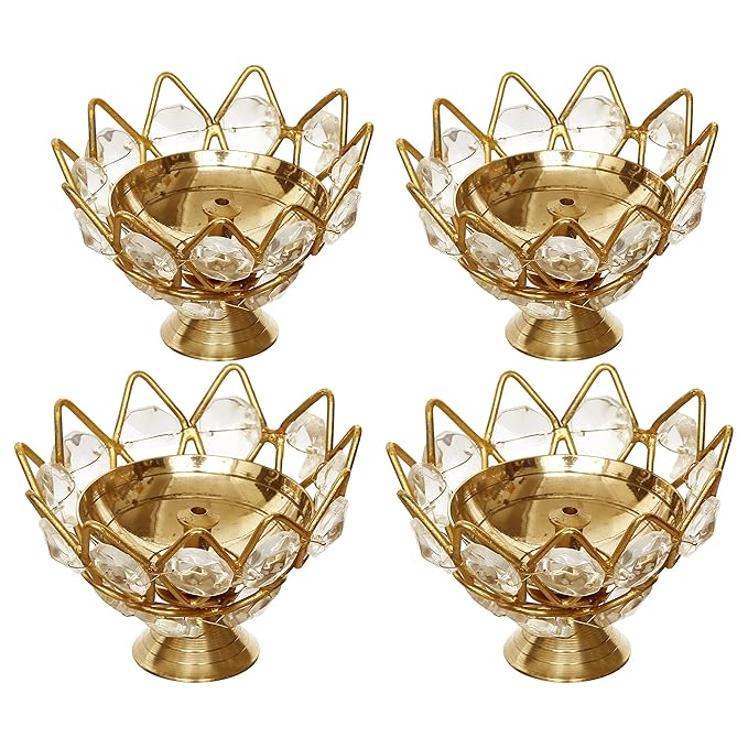 eCraftIndia Set of 4 Lotus Shape Crystal Tea Light Holder