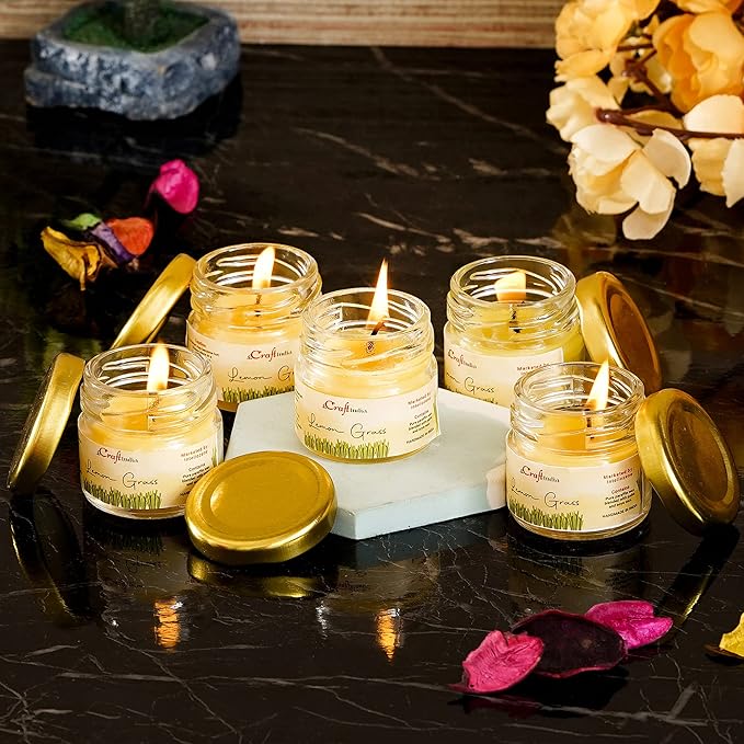 eCraftIndia Set of 5 Mini Jar Lemon Grass Scented Candles for Home Decoration - Fragrance Candles for Bedroom, Meditation, and Studying for Christmas, Diwali, Birthdays, Valentine's Day
