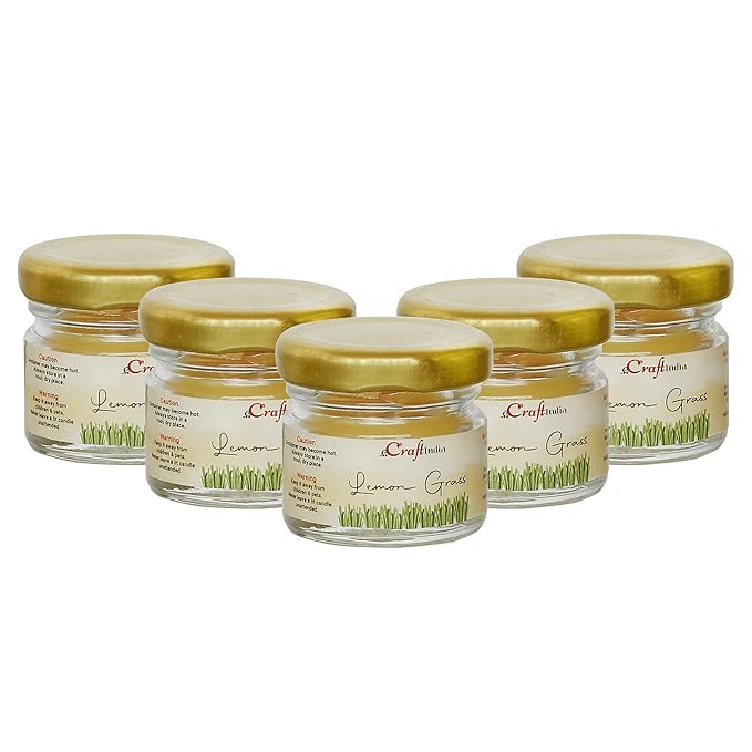 eCraftIndia Set of 5 Mini Jar Lemon Grass Scented Candles for Home Decoration - Fragrance Candles for Bedroom, Meditation, and Studying for Christmas, Diwali, Birthdays, Valentine's Day