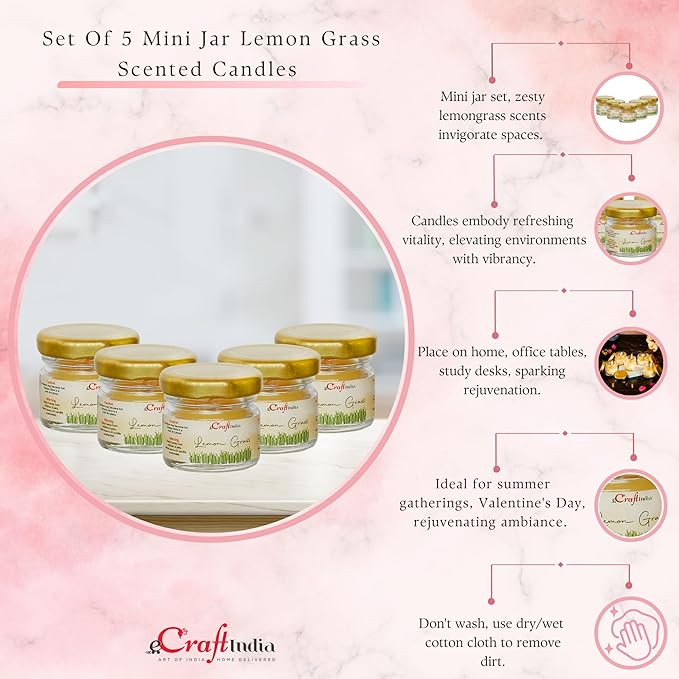 eCraftIndia Set of 5 Mini Jar Lemon Grass Scented Candles for Home Decoration - Fragrance Candles for Bedroom, Meditation, and Studying for Christmas, Diwali, Birthdays, Valentine's Day